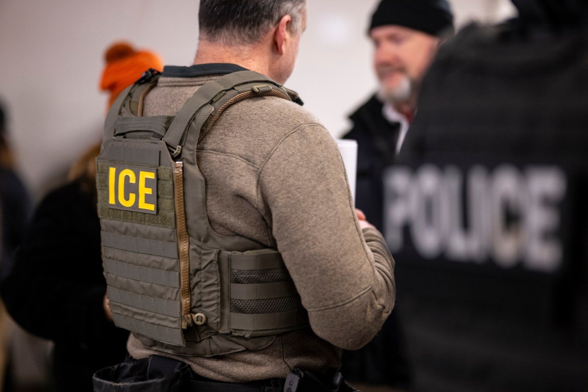 US Immigration and Customs Enforcement (ICE) agents, along with other federal law enforcement agencies, attend a pre-enforcement meeting in Chicago, Illinois, US, on Sunday, Jan. 26, 2025.