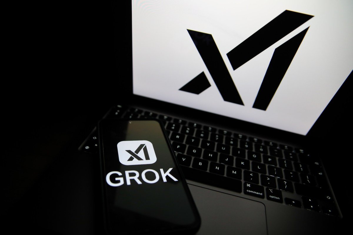 The Grok logo appears on a phone and the xAI logo is displayed on a laptop.