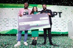 Kevin A. Damoa, Founder & CEO, Glīd, Claire Kroft and Ankit Malhotra, winners of the Startup Battlefield 2025, pose onstage during day three of TechCrunch Disrupt 2025 at Moscone Center on October 29, 2025 in San Francisco, California.