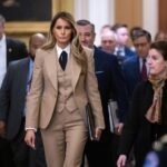 US First Lady Melania Trump walks to a meeting to urge passage of the Take It Down Act by the US Senate which protects victims of real and deepfake “revenge pornography” by criminalizing their publication.