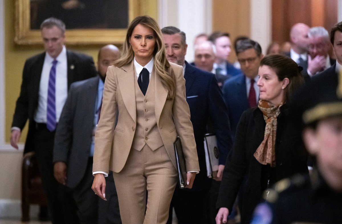 US First Lady Melania Trump walks to a meeting to urge passage of the Take It Down Act by the US Senate which protects victims of real and deepfake “revenge pornography” by criminalizing their publication.
