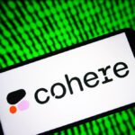 Image of a phone with Cohere's logo on it with a green digital background.