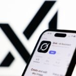 xAI logo displayed on a screen and Grok on App Store displayed on a phone screen