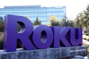 Roku's company logo is seen in front of Roku headquarters