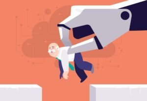 vector illustration of robot hand carrying senior man over cliff