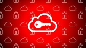 An illustration of a key over a cloud icon, background of cloud and lock icons.