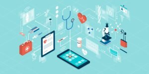 AWS, illustration of telemedicine and online healthcare services