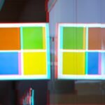 A moshed/glitchy version of a Windows logo on a Microsoft Store front.