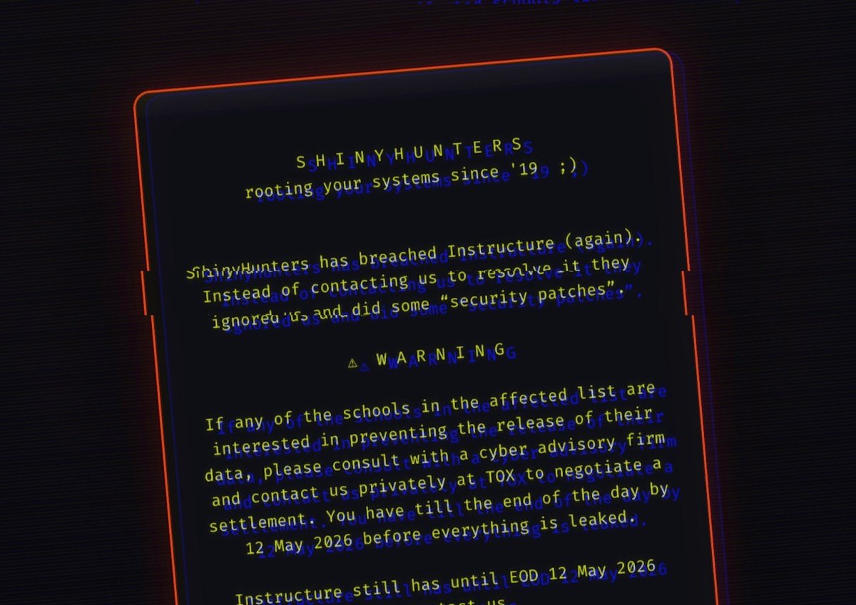 A redacted screenshot of the message ShinyHunters left on the hacked login pages of Instructure's platform Canvas.