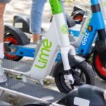A row of e-scooters