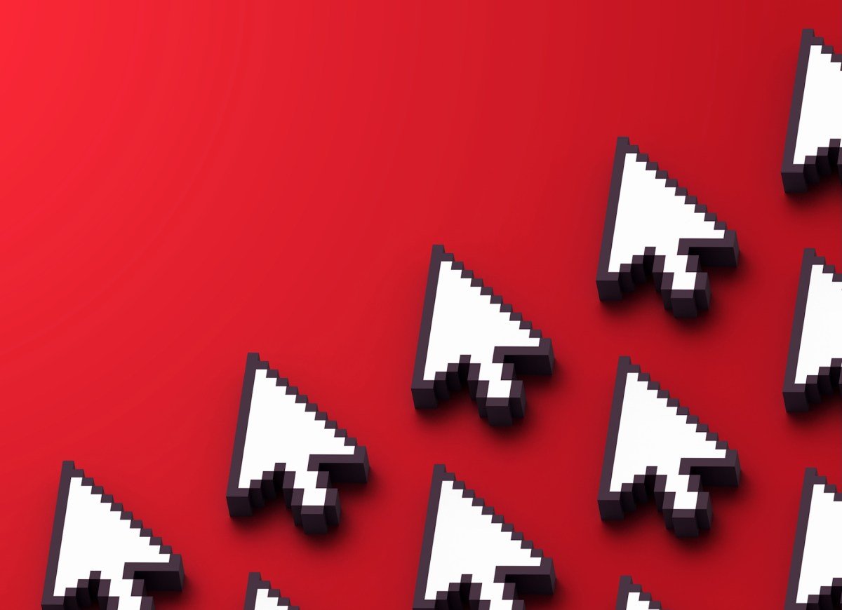 a bunch of pixelated mouse cursors on a red background