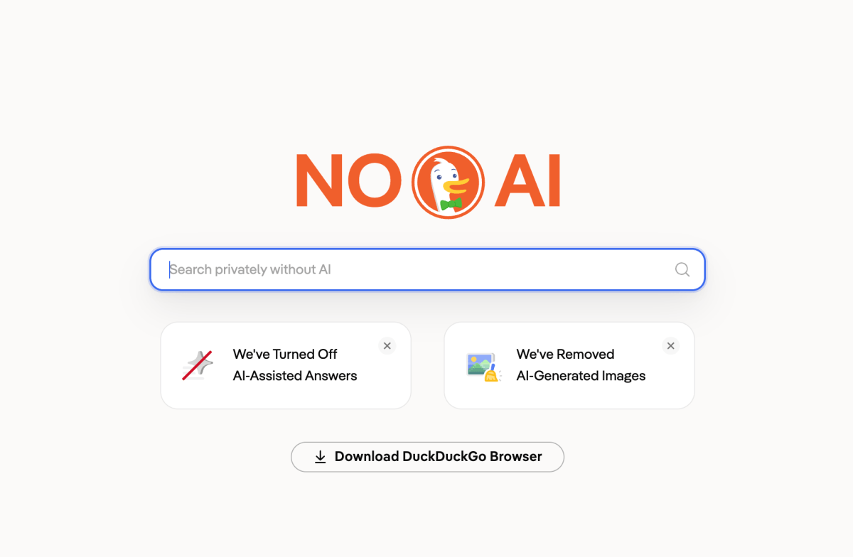 DuckDuckGo torna seu mecanismo de pesquisa 'sem IA' mais fácil de acessar à medida que seu tráfego aumenta
