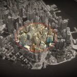 a 3D aerial photo of lower Manhattan, darkened, showing a ring over a radius across the city, showing a geofence warrant.