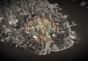 a 3D aerial photo of lower Manhattan, darkened, showing a ring over a radius across the city, showing a geofence warrant.