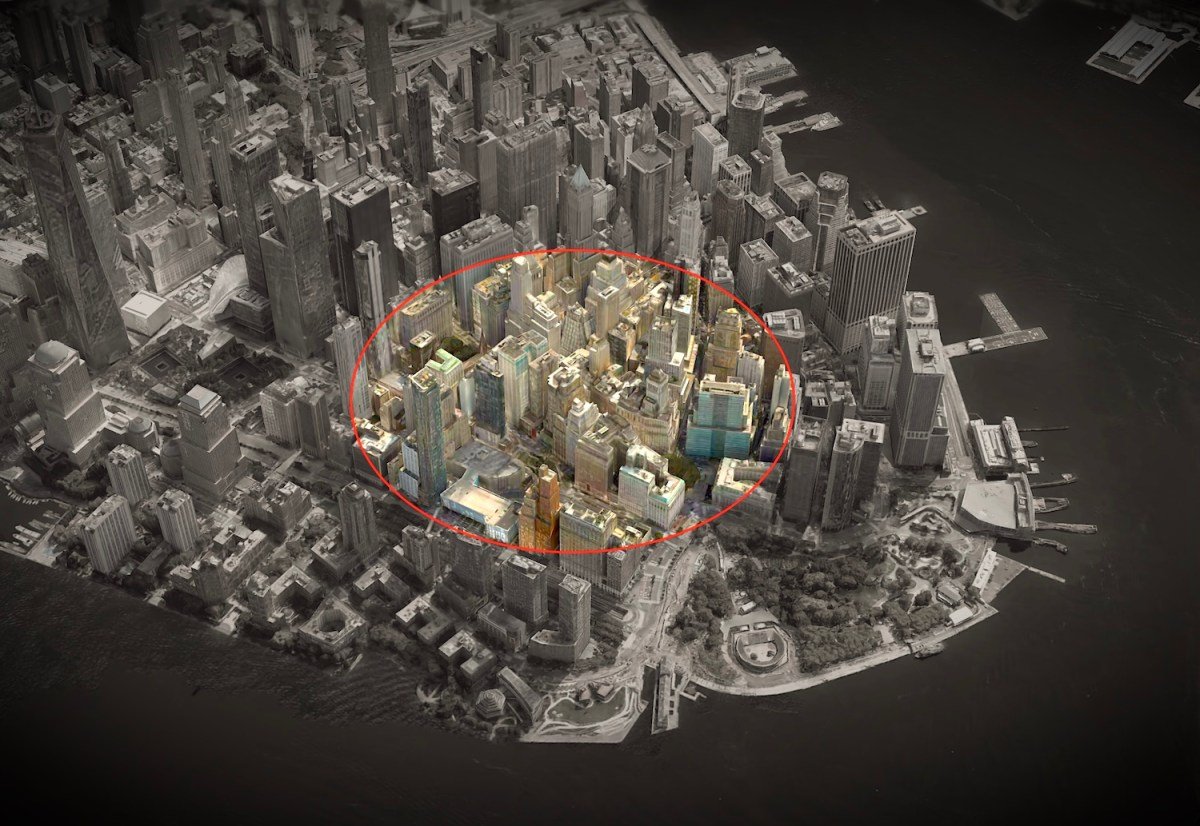 a 3D aerial photo of lower Manhattan, darkened, showing a ring over a radius across the city, showing a geofence warrant.