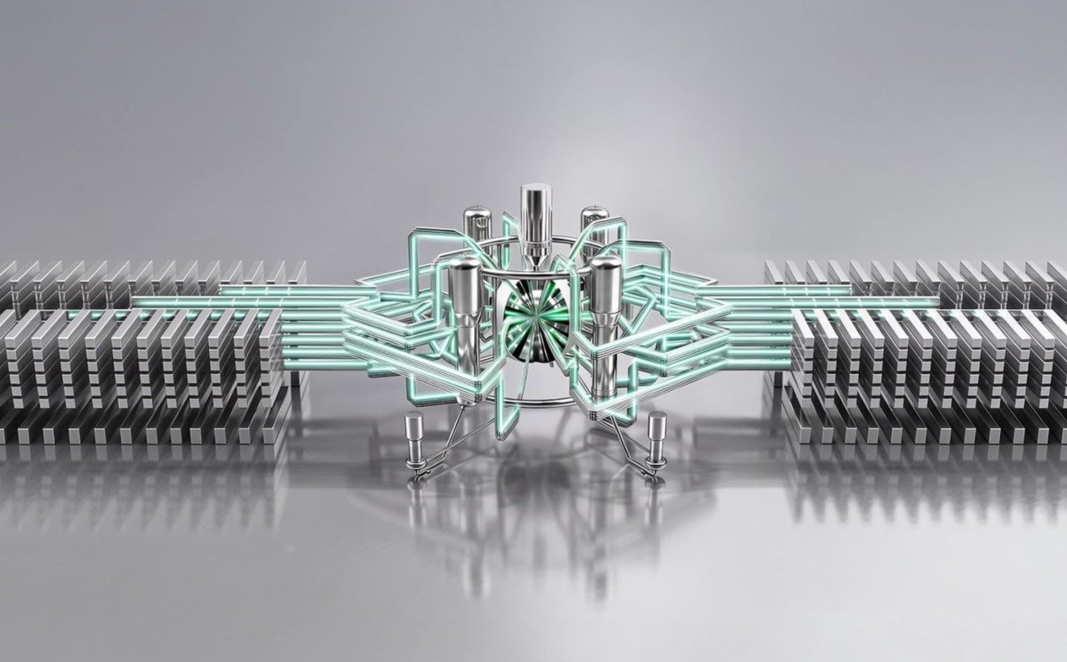 Illustrated lasers shoot into a fusion reaction chamber.