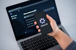 The Meta AI logo is seen on a smartphone screen, and a chatbot website is displayed on a computer screen.