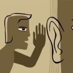 Fake news - abstract drawn person whispers gossip in another persons ear. Vector illustration