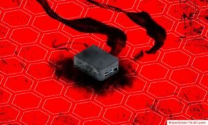 An illustration of a burned out router or firewall, indicating a breach.