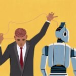 Businessman pulling at thread connecting his brain and open head of AI robot on yellow background