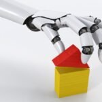 Robot hand building house with building blocks